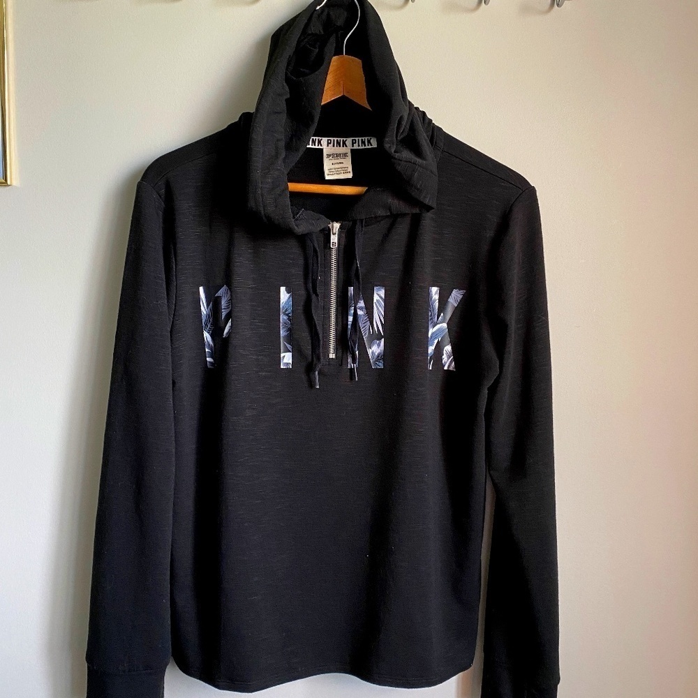PINK Victoria's Secret Women's Long Sleeve 1/4 Zip Hoodie Tee Black Size Medium‎